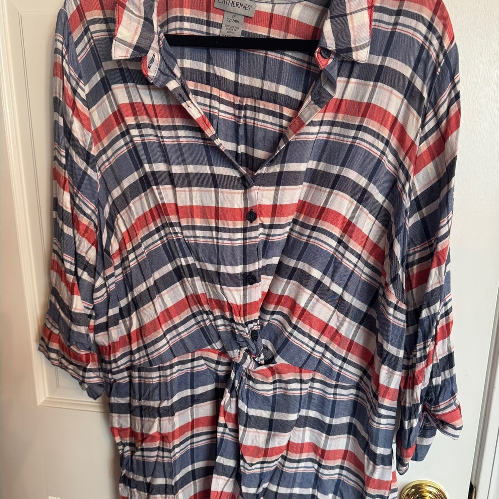 Catherines Red and Blue Button Down Shirt with Notched Collar and 3/4 Sleeves